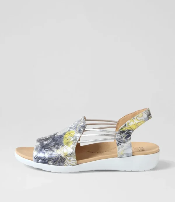 Women ZIERA Wedges<Udhays W Navy Silver Floral Leather Elastic Sandals